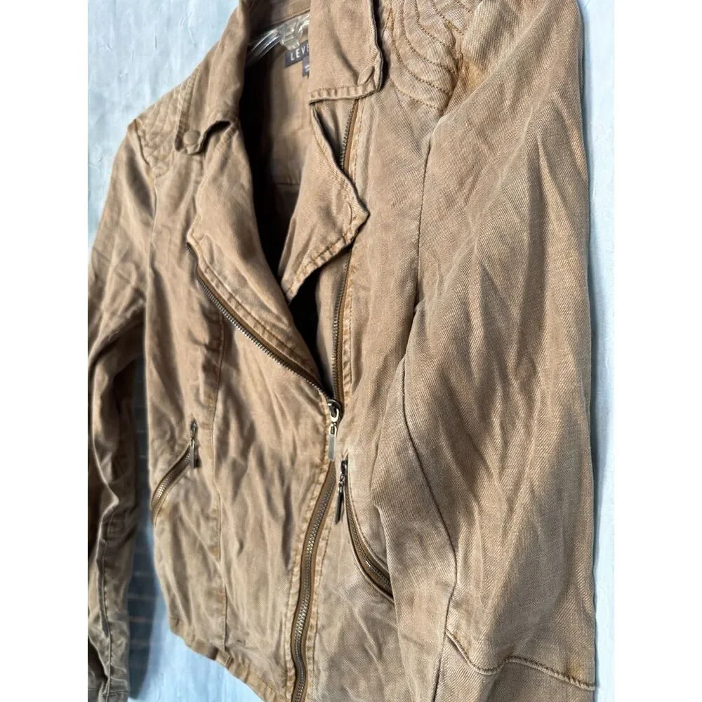 Level 99 Brooklyn Linen Moto Jacket Distressed Tan Earthy Indie Boho Crop